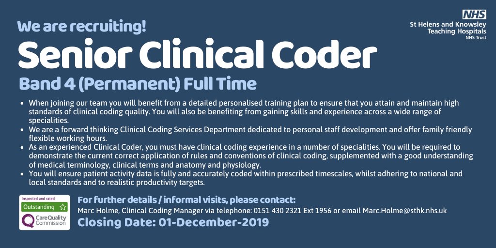 mwl_recruitment's tweet image. 📢 Calling all clinical coders!!!
We have an excellent opportunity to join our forward thinking and highly professional Clinical Coding Team! Join us, apply here: bit.ly/34nzFlu
#WeAreTheNHS #ClinicalCoding #ClinicalCoder #MedicalCoder #MedicalCoding #NHSJobs