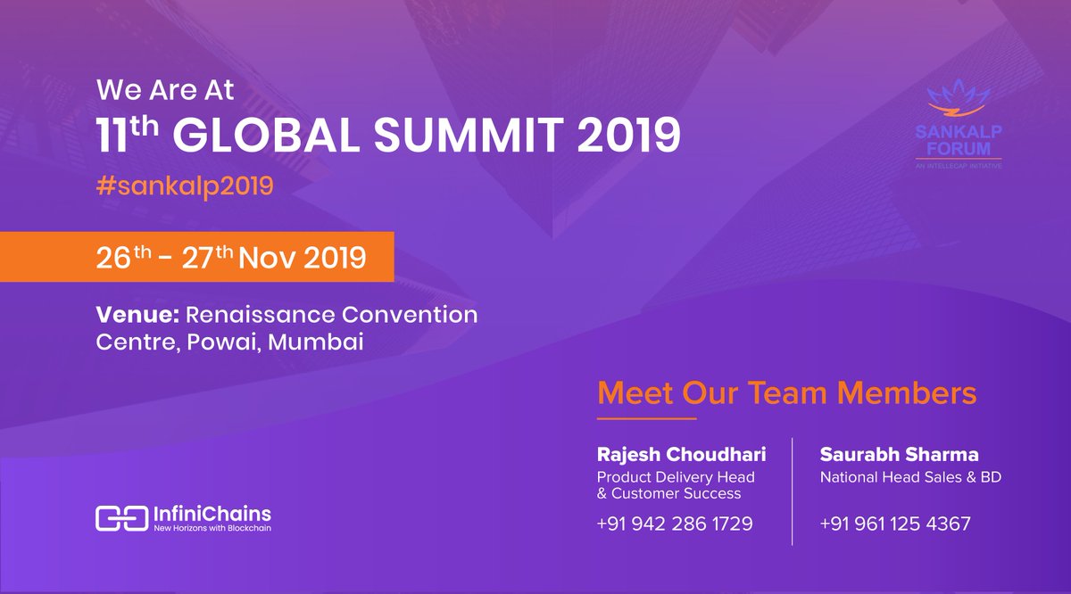 InfiniChains's tweet photo. Do catch up with our team #InfiniChains at #SankalpGlobal19 
#teaminfinichains #traceability #blockchaintech #sustainability https://t.co/aqpakOOwCa
