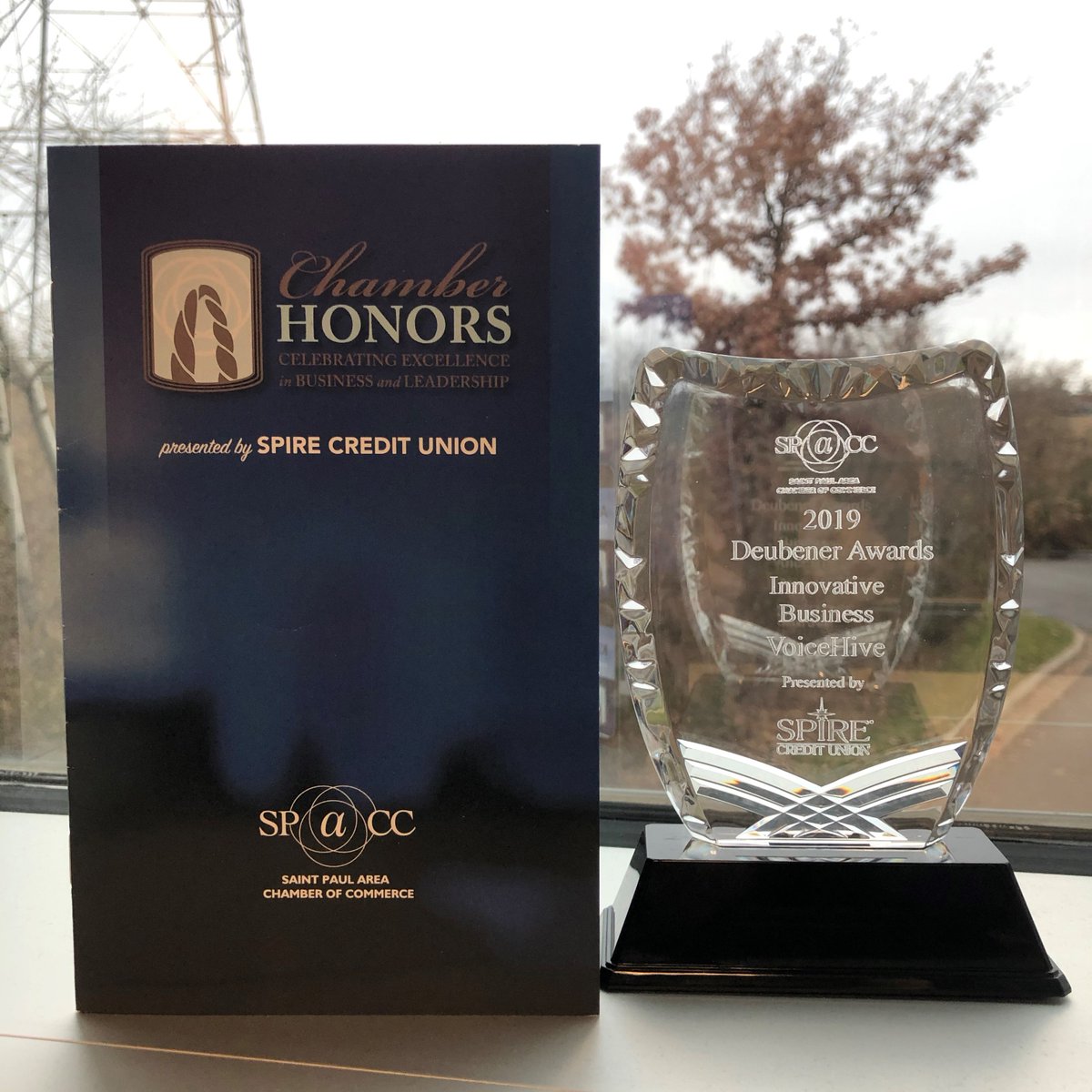 VoiceHive's tweet photo. @voicehive was recently honored to be a finalist and WINNER of the 2019 Deubener Award for Innovative Business!  We now have the award proudly displayed at our office!  Thank you @SPACC! #ChamberAwards #SPACC #engage #innovate https://t.co/tcmEmwGBVx