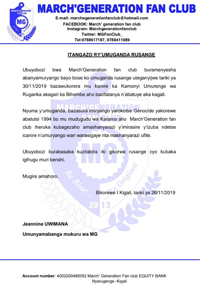 MGFanClub_'s tweet photo. #MGFanClub iramenyesha Abanyamuryango n'Aba Rayon muri rusange ko izakorera #Umugandarusange mu karere ka Kamonyi umurenge wa Rugarika akagari ka Bihembe,muzaze dufatanye kubaka Igihugu.
https://t.co/l30rmmERpp
#Be__Blue__Be___Original https://t.co/onXufQSBFF