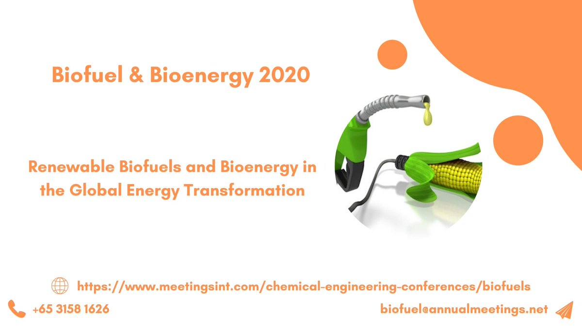 MeetingsInt's tweet photo. Biofuel 2020
Session: Renewable Biofuels and Bioenergy in the Global Energy Transformation
#Biofuel_Conference #Bioenergy_Conference #Dubai
For more details,
Phone/WhatsApp: +65 3158 1626 https://t.co/DpEzQVscPr
