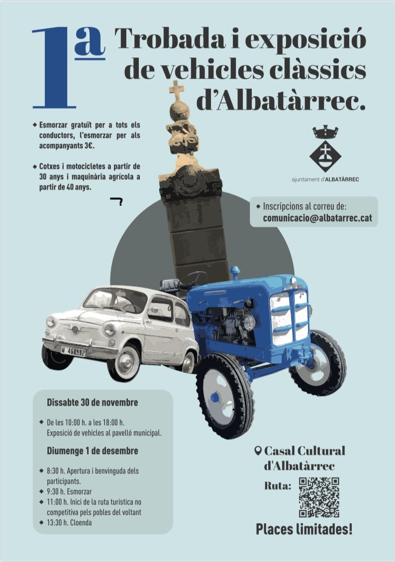 ajAlbatarrec's tweet photo. Aquest cap de setmana, dies 30 de novembre i 1 de desembre, gaudirem de la primera exposició de vehicles antics, no us ho perdeu. https://t.co/CDIWwfOvx4