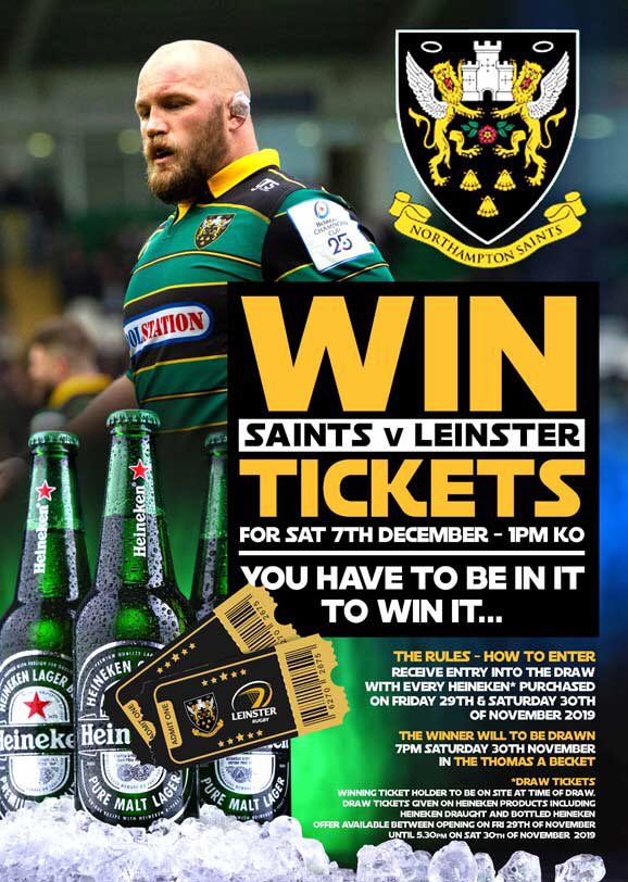 Rugby fans we have a wonderful treat for you. But you got to be in it to win it 

WIN Saints v Leinster Tickets for Saturday 7th December 

The Winner will be drawn 7 pm Saturday 30th November at #ThomasABecket