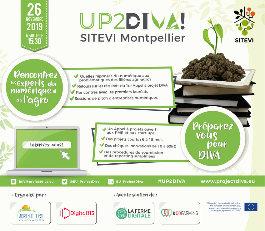 EU_ProjectDIVA's tweet photo. 🙌🏼Do not miss the #UP2DIVA event that our French partner @AgriSOI is organising today in Montpellier 🇫🇷 starting at 15:30 at @sitevi to explain all the details of the 2nd Call of the #EUProjectDIVA Fundings 

➡️ More info: 
https://t.co/zACfjVydBe https://t.co/nMTdcg0rn8