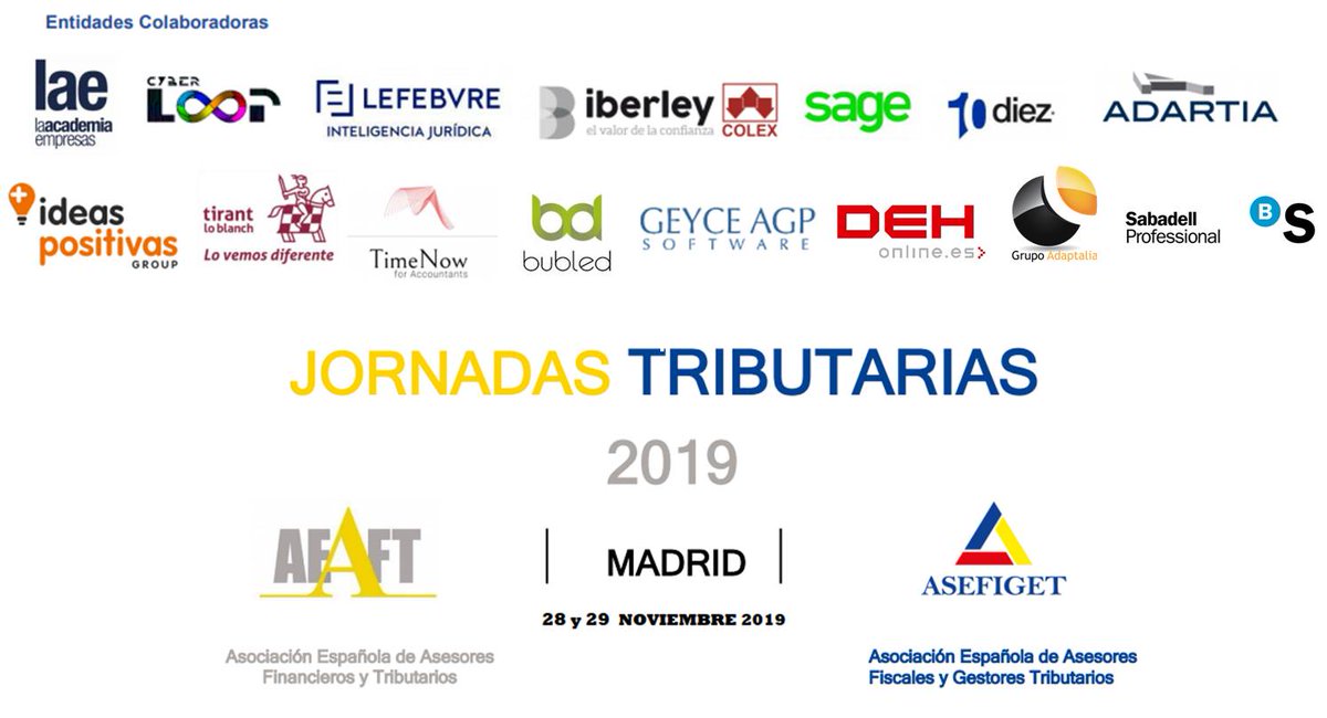 Nos acompañarán en las #JornadasTributarias de <a href="/Asefiget/">ASEFIGET</a> y  <a href="/AEAFyT/">AEAFyT</a>  con novedades importantes para profesionales tributarios.... ¡Muchas gracias por vuestra participación! <a href="/GrupoAdaptalia/">Grupo Adaptalia</a> <a href="/DEHonline/">DEH Online</a> <a href="/ADISSInforma/">adiss</a> @lae_formacion