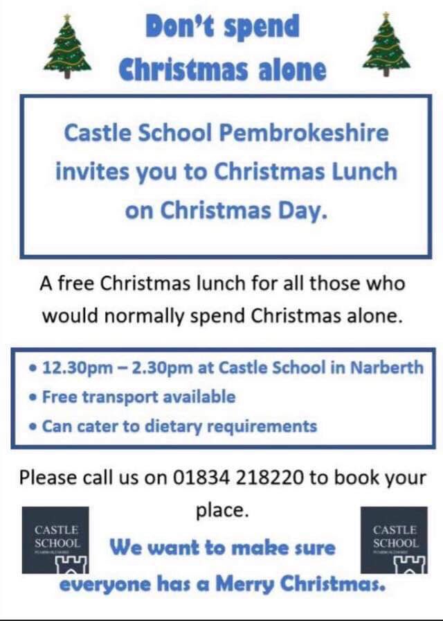 StCaradog's tweet photo. We have some amazing people locally! Christmas lunches in Narberth, Milford Haven and Pembroke Dock for anyone on their own, homeless/unable to have Christmas lunch for any reason. 
Feel free to add any others and share!😊 Pryd nadolig gyda'i gilydd! @PATCHcharity @HywelDdaHB 🎄 https://t.co/nL62goaAPE