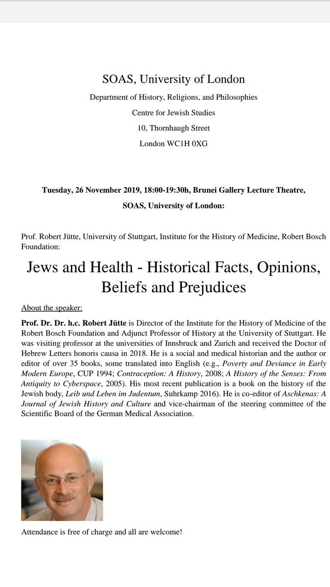 Today at @SOAS, in spite of the #UCUstrike, you can hear #earlymodern and modern historian Prof Juette to talk about the topic of health and Jews. #histmed #jewishhistory #jewishistory