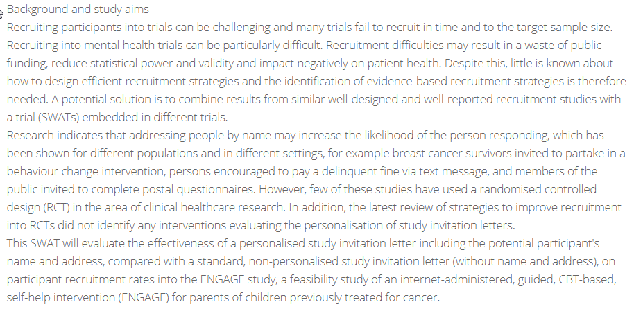 ISRCTN's tweet photo. Does personalising a study invitation letter by including a potential participants’ name and address improve study #recruitment?

New ENGAGE: #SWAT study by @UCARE_UU @LouiseEssen

https://t.co/hbllJTBdp4
https://t.co/6PWQFFVdbc

#StudyWithinATrial #MethodologyResearch https://t.co/qMwIhCBlb9