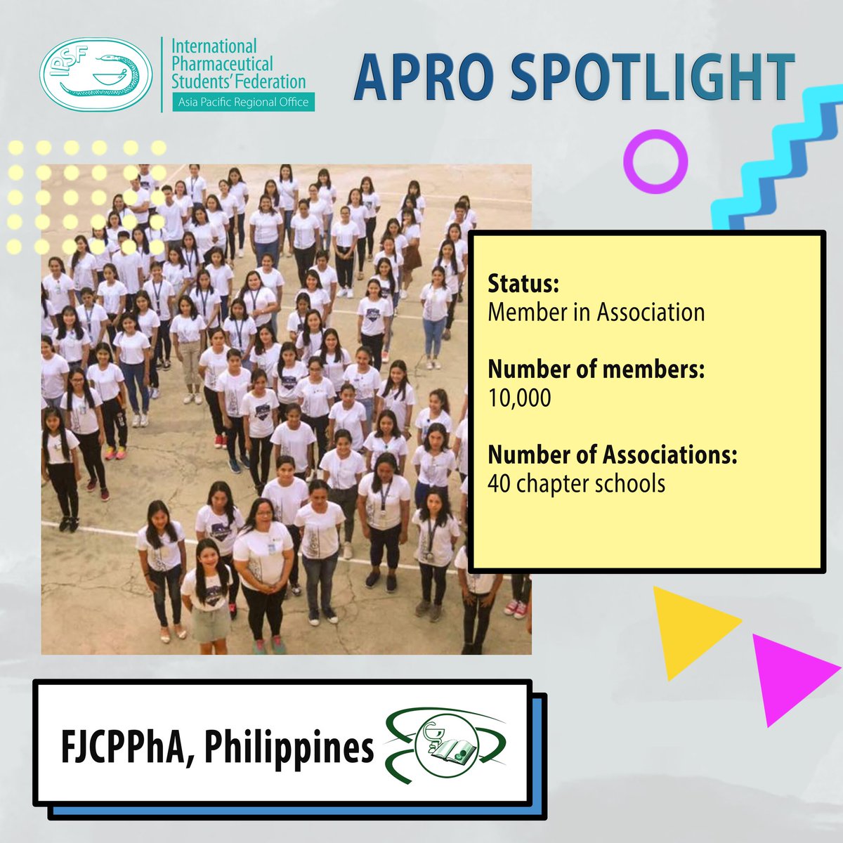 IPSFAPRO's tweet photo. [IPSF APRO Spotlight-Member Organisations Branding // Introduction of FJCPPhA, Philippines] 

@officialFJCPPhA is an association that represents the students of different Colleges of Pharmacy in the Philippines.

#APROSPOTLIGHT
#FJCPPhAPhilippines
#IPSFAPRO
#IPSForg https://t.co/9V5JCgEdUg