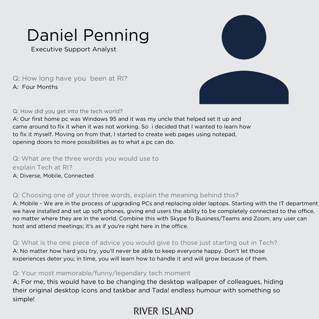 RI_TechCareers's tweet photo. Providing dedicated IT support to the VIPs at River Island is a full time job for Daniel! Want to find out more? Click below! 

#ricareers #tech #supportanalyst #itsupport https://t.co/sclEMcVlQ0