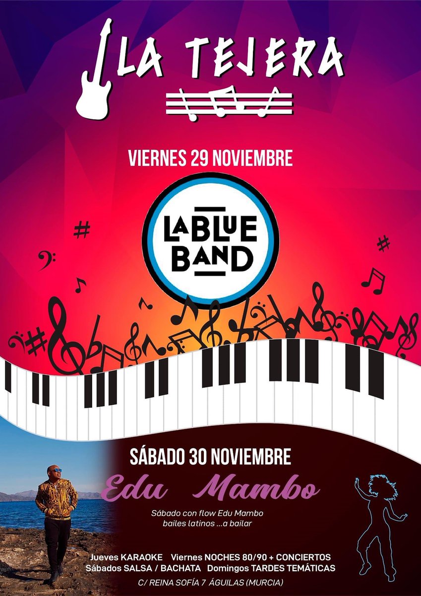 Aguilas_Turismo's tweet photo. ¡Este viernes no te pierdas La Blue Band y el sábado a Edu Mambo en La Tejera! Con mucho ritmo 🤪💃🕺👩‍🎤 #concierto #música #lablueband #salsa #ritmolatino #conmuchoflow #edumambo https://t.co/2ihL5FsS4w