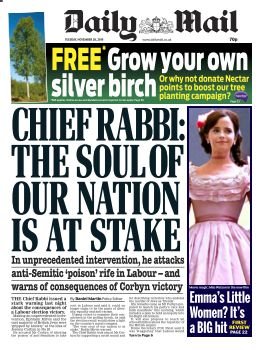 Mini thread:OK, two wrongs don't make a right. Anti-semitism and Islamaphobia are both abhorrent.The Tory Press is making capital out of allegations against the Labour party. They have every right to publish what the chief rabbi says.Here's the Mail today.