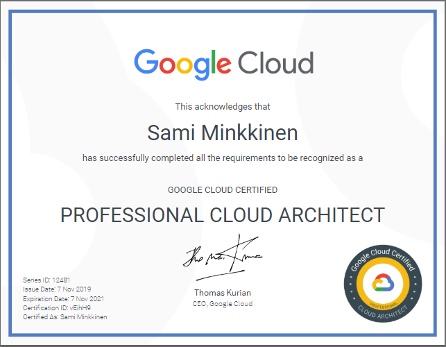 Tänään tuli jo kolmas Google Professional Cloud Architect -sertifiointi tiimiimme - onnea <a href="/ssminkki/">Sami Minkkinen</a> 🏆! 

#cloud #gcp #googlecloud #googlecloudplatform #professionalcloudarchitect #googlecertified