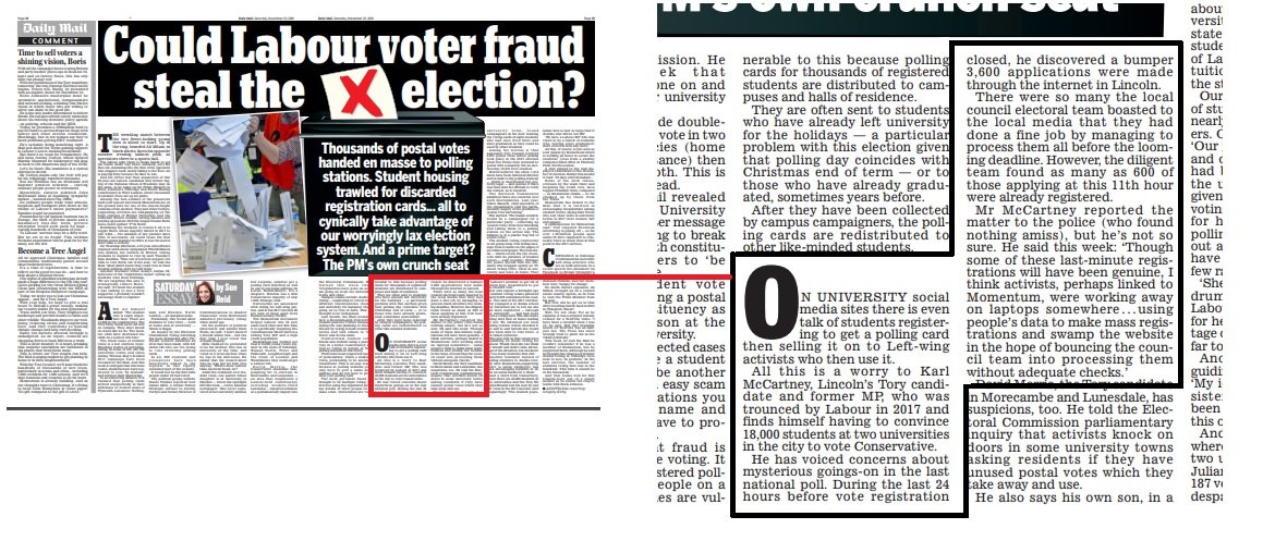 Mr McCartney did, however, make an appearance in the paper last week. On a spread about "voter fraud". He went to the police to claim that students had registered twice in 2017. When he lost by miles. The police found nothing amiss. "But he's not so sure"...