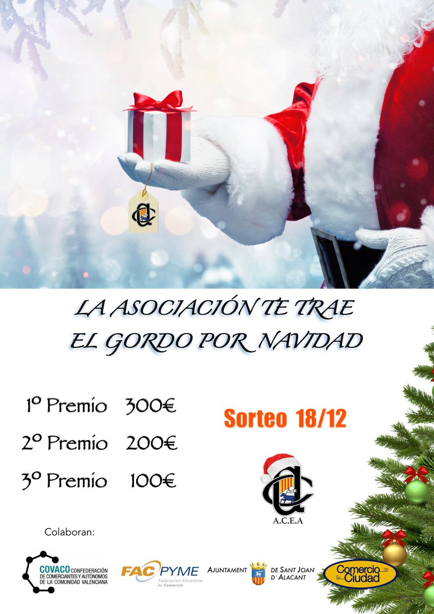 ComercioSanJuan's tweet photo. ¿Quieres participar en el sorteo del gordo de la Asociación de Comerciantes, Empresarios y Afines de Sant Joan d´Alacant?
Puedes ganar hasta 300€.
Es muy fácil comprando en los comercios asociados.
#ComercioSanJuan en #Santjoandalacant https://t.co/4J3SItiuvX