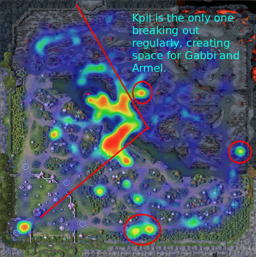 ShadowAnalytics's tweet photo. 1/5 @TNCPredator's Radiant mid game. Warding is closely clustered around the radiant triangle. Overall team position focuses on upper third of map. Pressure is applied to the Dire jungle to take control of Rosh. #MDLChengdu #dota2 https://t.co/ApHi35iWP8