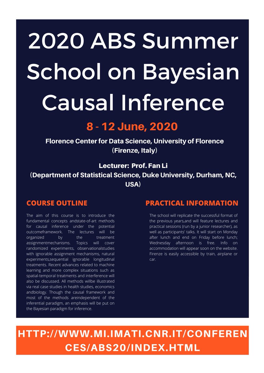 SEIO_ES's tweet photo. 📢 NEW #StatisticsCourse 📢
➡️ 2020 ABS Summer School on Bayesian Causal Inference
📍 Florence Center for Data Science (@UNI_FIRENZE, Italy)
👨🏫 Prof. Fan Li (Duke University, USA)
📆 8 - 12 June, 2020
🔗 https://t.co/nRa2FykLhR https://t.co/n1429l29D3