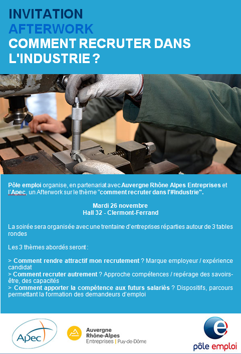 tmalatrait's tweet photo. 📅 Ce soir Afterwork pour les #entreprises de l'#industrie ➡️"Comment recruter dans l'industrie ?"
Mutations et enjeux du marché du travail : 30 entreprises échangeront autour de 3 tables rondes.
#AvecPoleEmploi #VersUnMetier #ClermontFd @poleemploi_ara @AURAentreprises @ApecAura https://t.co/CC7Ov0GRyM