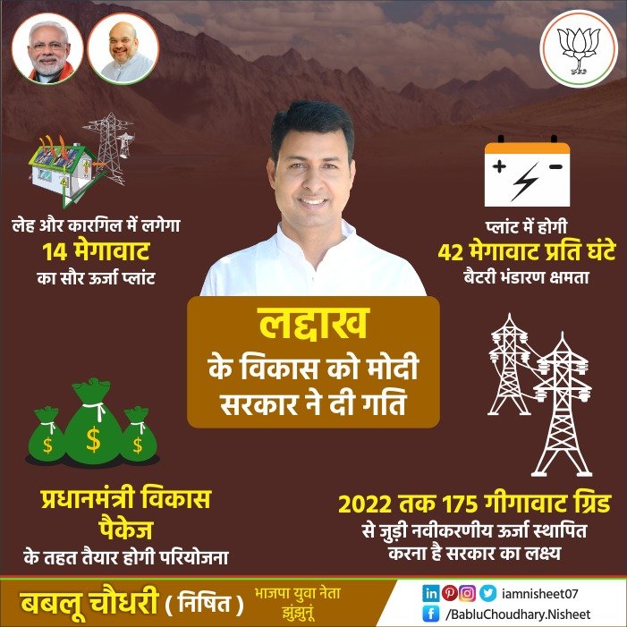 Nisheetkuma4bjp's tweet photo. लद्दाख के विकास को मोदी सरकार ने दी गति -
- लेह और कारगिल में 42 मेगावाट प्रति घंटे बैटरी भंडारण क्षमता के साथ लगेगा 14 मेगावाट का सौर ऊर्जा प्लांट।
- 2022 तक 175 गीगावाट ग्रिड से जुड़ी नवीकरणीय ऊर्जा स्थापित करना है सरकार का लक्ष्य।
#LadakhwithModi #NewIndia https://t.co/DNdFDiCHOc