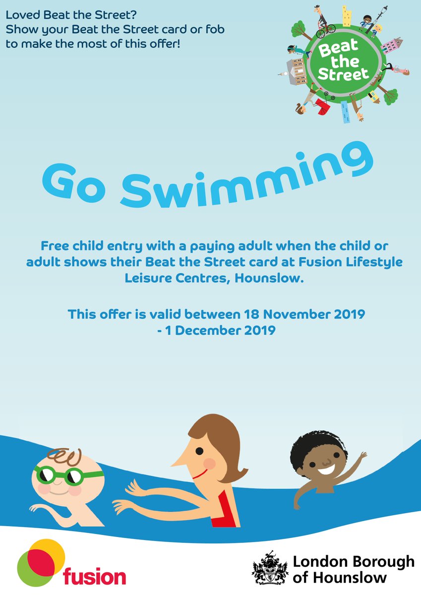 Did you love Beat the Street? Keep up your new active levels by swimming. <a href="/Fusion_LS/">Fusion Lifestyle</a> in Hounslow are offering FREE child entry with a paying adult when the child or adult shows their Beat the Street card. Redeem the offer between 18 November to 1 December.  <a href="/LBofHounslow/">Hounslow Council</a>