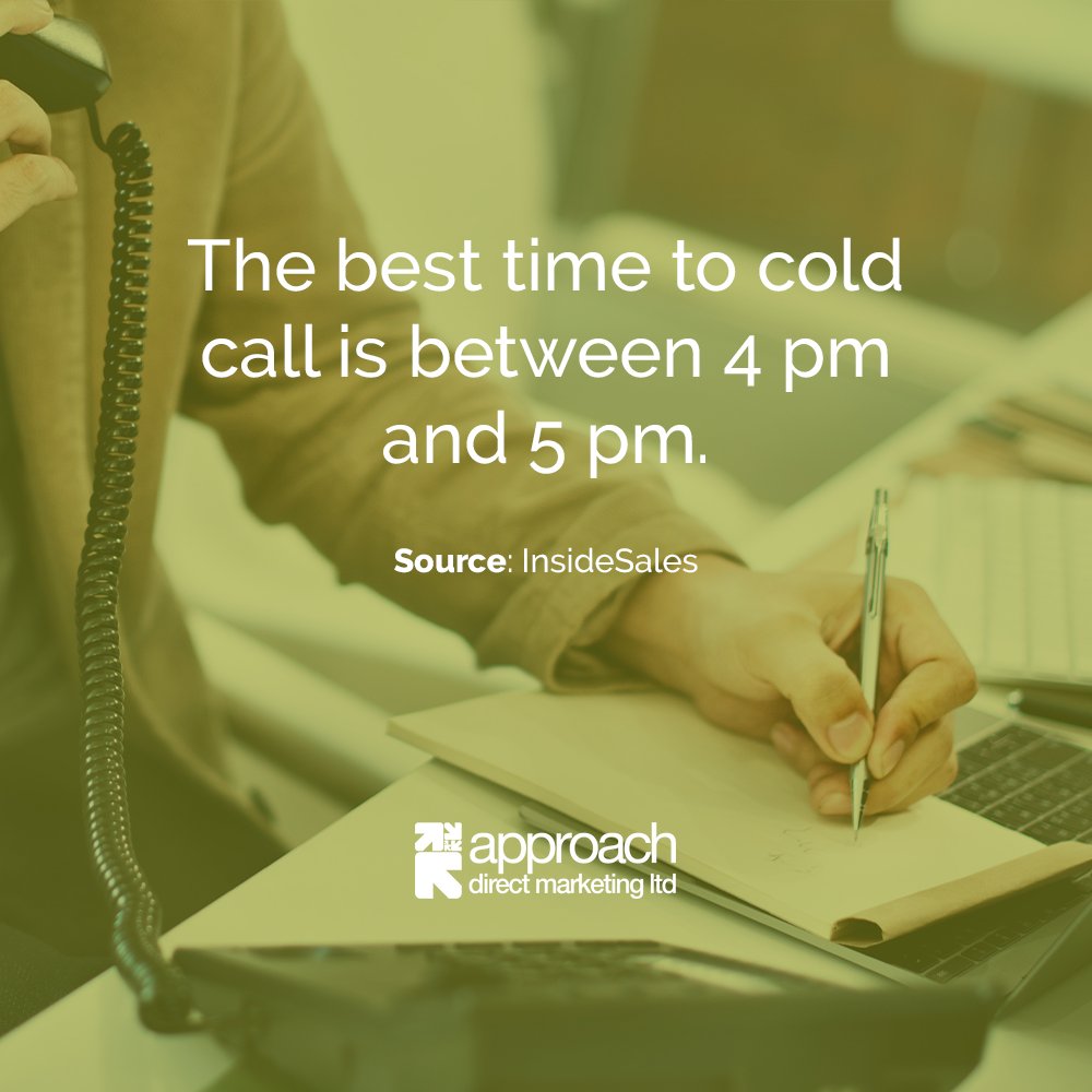 Data shows that 4pm to 5pm is the best time to call prospective leads. Set reminders or depend on Approach Direct Marketing.

Visit our website to find out more about our #telemarketing services in more detail 👉 approach-direct.co.uk