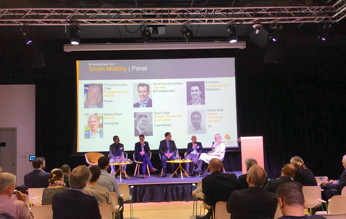 Plexalcity's tweet photo. Plexal’s programme director Francesca Lavey’s chairing the #mobility panel the @informedfunding #FundingDeepTech conference this morning.
Fantastic debate on #smartmobility, #accessibility, #cyber and the internal culture change needed to enable innovation in the way we move. https://t.co/J8uDivgojx