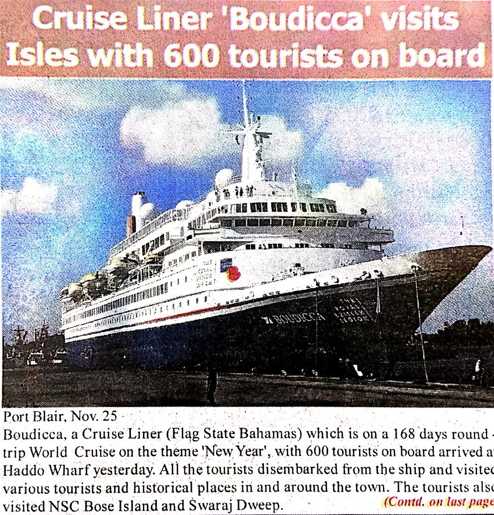 Andaman_Admin's tweet photo. Cruise Liner Boudicca, which is on a 168-days round the world cruise, with 600 tourists on board arrived at Haddo Wharf, Port Blair. Tourists visited various places in Port Blair as well as NSC Bose Island & Swaraj Dweep #AmazingAndamans #NewAndamans #NewIndia https://t.co/8eg3jvpIDJ