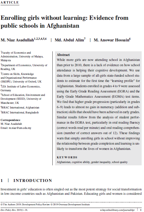 Niaz_Asadullah's tweet photo. @ProSyn @ODIdev @BRACworld @WorldBankSAsia The full paper on schooling #girls without #learning in #Afghanistan is now published in #DevelopmentPolicyReview @WileyGlobal @wileyinresearch
https://t.co/A55CrOzATh https://t.co/6wmz2XIsVN