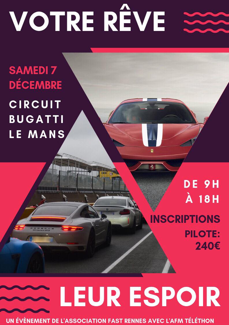 RennesSB's tweet photo. L'asso #rennes_sb #FastRennes recherche des pilotes professionnels ou amateurs pour l’événement "Votre Rêve, Leur Espoir" le 7 déc. Vous rêvez de conduire votre bolide sur le mythique circuit #Bugatti du Mans et de soutenir le @Telethon_France ? 🏎Infos https://t.co/LDFoHmSu3l https://t.co/qsI5HOFzAn