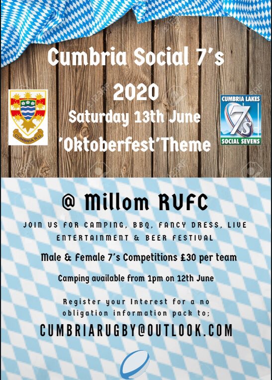 Sneak preview of #CumbriaRugby #Social7s <a href="/MillomRUFC/">Millom Rugby Union</a> for 2020! 

Get in touch for an information pack. 

Pop the date in your diary for the post season celebrations in 2020.