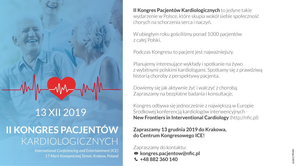 II Kongres Pacjentów Kardiologicznych  przy #NFIC już 13 grudnia w Krakowie 
Zapraszamy przedstawicieli organizacji pacjentów oraz pacjentów i ich bliskich.
#kardiologia #edukacjazdrowotna