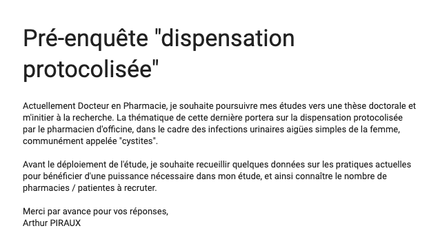 Arthur_Piraux's tweet photo. 📢#TeamPharma et #PharmaTocTocBot, pouvez-vous m'aider à récolter des réponses pour ma Thèse doctorale SVP ? 
➡️ Objectif : récolter des données de terrain concernant la #Cystite pour une étude sur la #DispensationProtocolisée
 ➡️https://t.co/NNPS8dAgw1

Merci à tous 😉 https://t.co/G2ibzYInzX