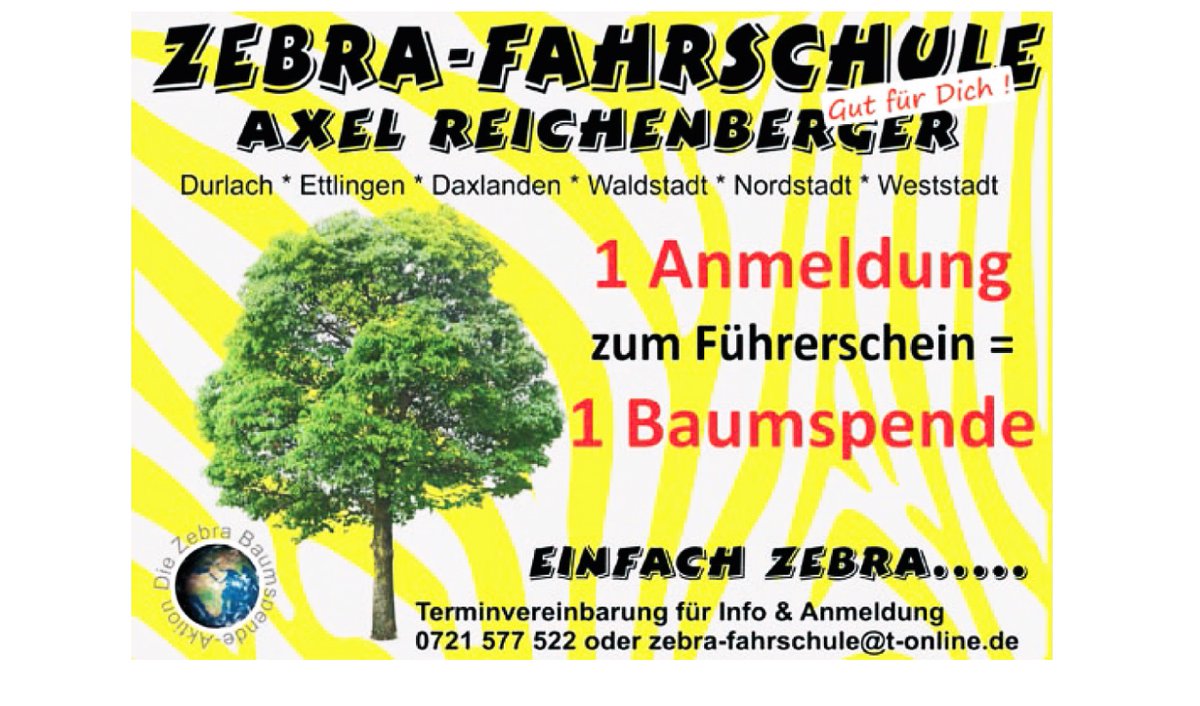 Pro Anmeldung zum Führerschein wird ein Baum gespendet. Die Zebrafahrschule von Axel Reichenberger setzt sich für den Klimaschutz ein. #anzeige #zebrafahrschule #fahrschule #klimaschutz #baumspende #baumspendeaktion #karlsruhe #daxlanden #karlsruheweststadt #durlach #fächernews
