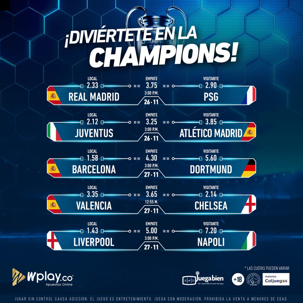 #BMWplay 

Regresa la liga de las estrellas , la #ChampionsLeague 
Diviértete con tus equipos preferidos, juega junto a tus jugadores favoritos y gana con <a href="/WplayColombia/">Wplay</a> 

Ingresando al siguiente link, podrás reclamar hasta $50mil con tu primera recarga ➡️ bit.ly/2OiPd36