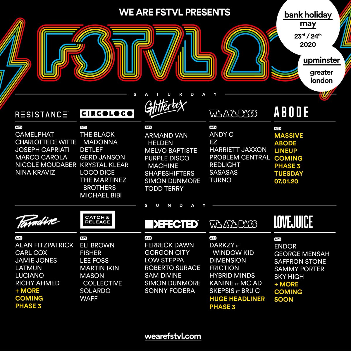 RT for a chance TO WIN 5x backstage XCLSV upgrades plus artist meet &amp; greet. Winners announced next week! 4th release tickets now sold out, 5th release running low…🙌🏻

BOOM! We're delighted to announce our We Are FSTVL 2020 Phase 2 lineup in all its glory! 🔥