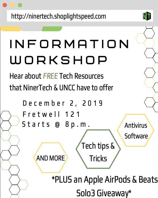 NinerTech's tweet image. Want a chance a pair of AirPods or Beats Solo3?! Come to our FREE tech workshop, where you can learn about resources on campus and much more about technology! This Monday December 2nd at 8pm in Fretwell 121.
