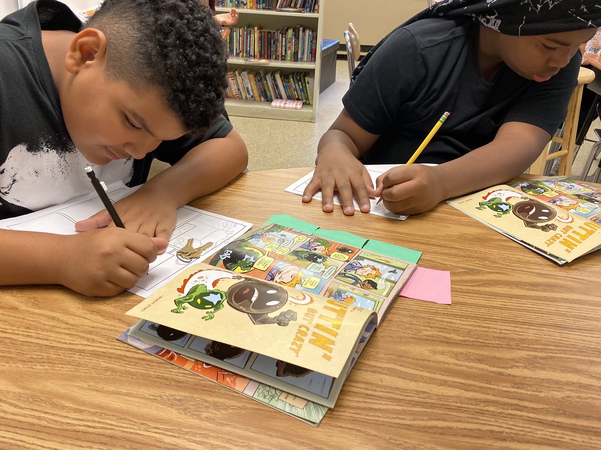 Lewill88UMD's tweet photo. Students in my all boys reading class are creating their own alternate ending to their guided reading book using various visual elements! Graphic novels are the best! #engagement  #readingisfun #gendergrouping #allmeansall @AacpSeril @AACountySchools @SevernESAACPS https://t.co/2TgBluzWB1