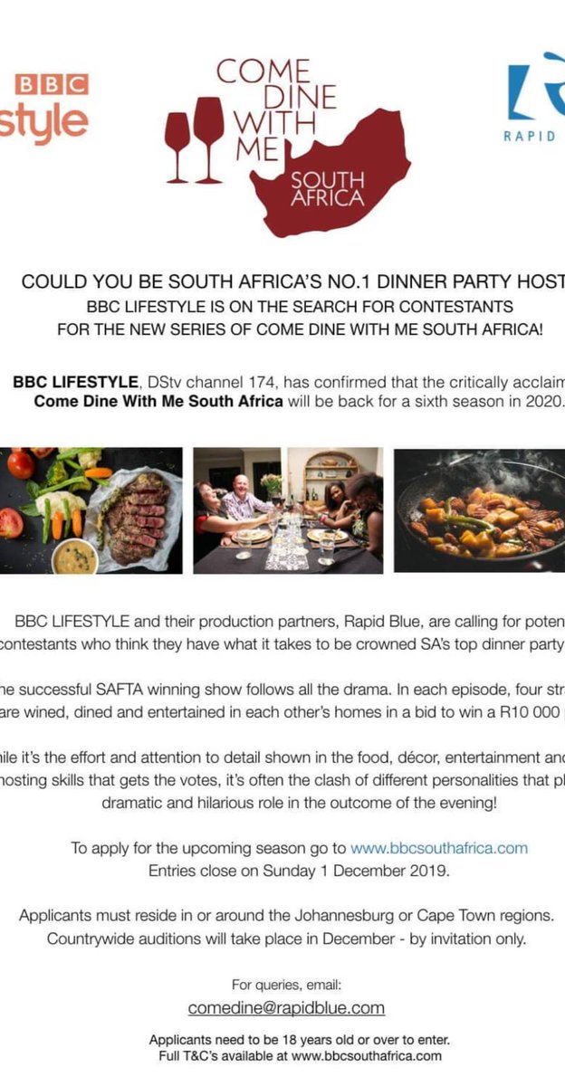 DomTibbles's tweet photo. I just received a callback from @BBCSouthAfrica for the 2020 Filming of Come Dine With Me!  Whoohoo!  Praying that I make it!
Entries close 1st December! https://t.co/0kXYKb1Ol0