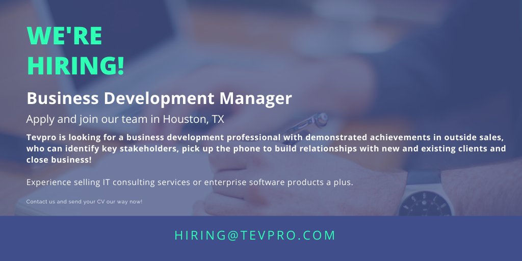 Tevpro Developers (@tevpro) on Twitter photo Do you have a passion for transforming how people work through technology enabled solutions? Do you have demonstrated success in outside sales? We have an opportunity for you to join our sales team in Houston, TX. To apply, send you resume to Hiring@tevpro.com Do you have a passion for transforming how people work through technology enabled solutions? Do you have demonstrated success in outside sales? We have an opportunity for you to join our sales team in Houston, TX. To apply, send you resume to Hiring@tevpro.com