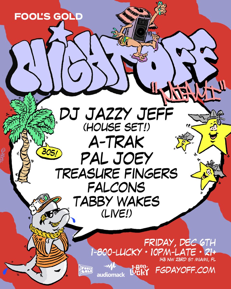 Wanna party Miami? NIGHT OFF comes to <a href="/1800luckymia/">1800lucky</a> Fri 12/6 with <a href="/djjazzyjeff215/">DJ Jazzy Jeff</a> (in house mode!) <a href="/atrak/">Medieval Knievel</a>, dance legend Pal Joey + forever FG fam <a href="/treasurefingers/">Treasure Fingers</a> <a href="/falcons/">Falcons</a> <a href="/tabbywakes/">TabbyWakes.eth</a>! Get tix 🌙 smarturl.it/fgnightoff