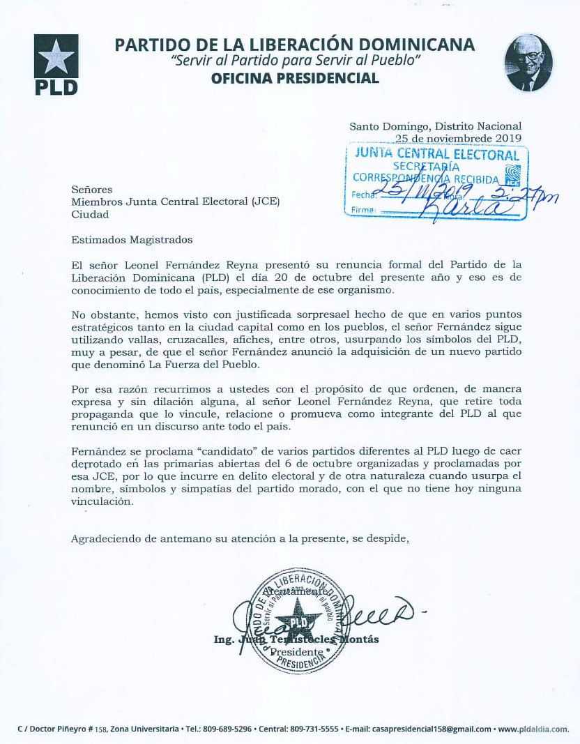 El <a href="/PLDenlinea/">PLD</a> solicitó a la <a href="/juntacentral/">JCE</a> que ordene al señor Leonel Fernández que retire, “de manera expresa y sin dilación alguna”, toda propaganda que lo vincule, relacione o promueva como integrante del PLD al que renunció en un discurso ante todo el país #NotaDePrensa