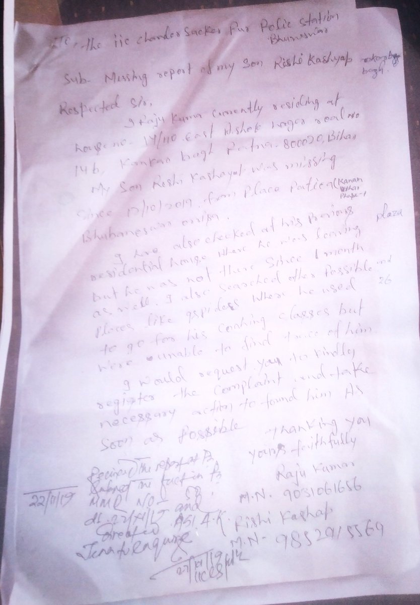 _AnsumanRath's tweet photo. 1/3. Seeking help for a missing person. Met this person at an eatery today evening. He/they were enquiring about his son named Rishi Kashyap, missing from Bhubaneswar from 17/10/19. They are from Patna. Son was staying in Patia. FIR lodged at CS Pur P.S. Sharing details here. https://t.co/0wGEXhuoqH