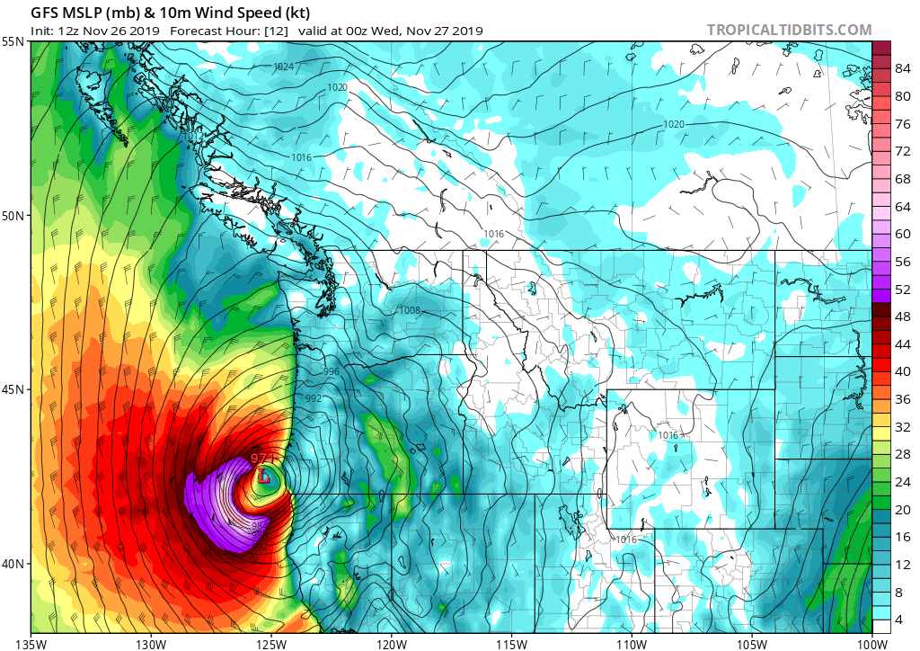 capitalweather's tweet image. An extraordinary "Bomb cyclone" is gathering strength over the Pacific Ocean. It'll slam into Oregon/California later today with 4 feet of snow, 100 mph+ winds, and >35-foot waves. It could also topple air pressure records. washingtonpost.com/weather/2019/1…