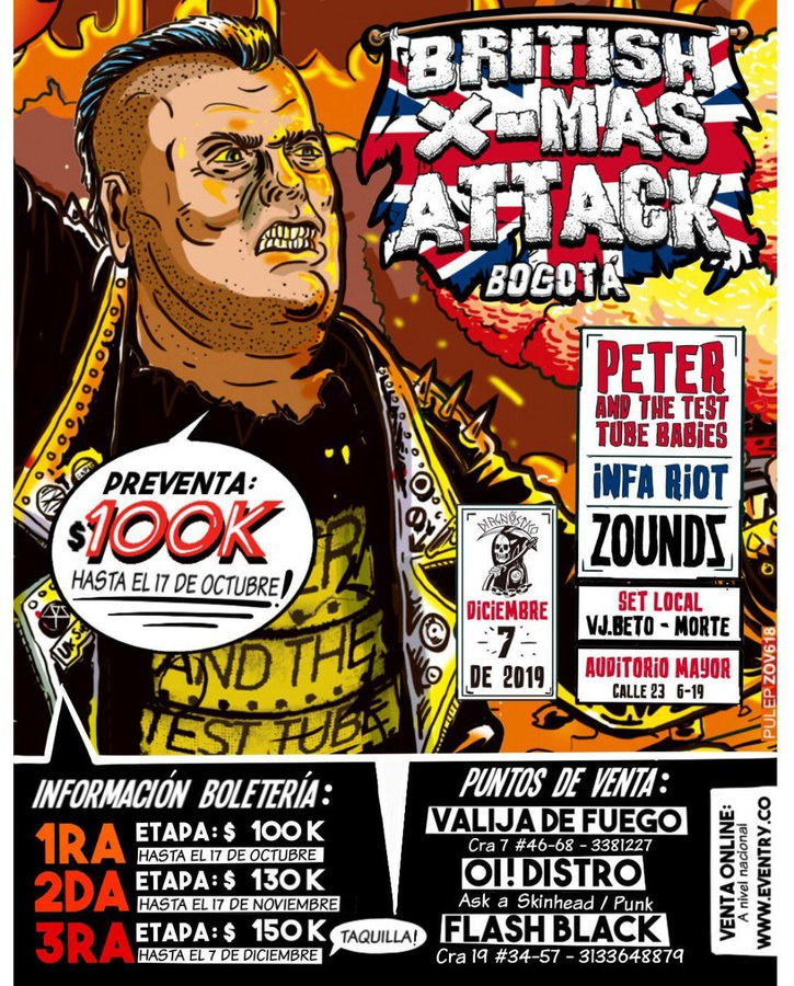 El 7 de diciembre llega el British Xmas Attack; un carnaval punk para celebrar el día de las velitas con los 
<a href="/testtubes/">Test Tube Babies</a> #InfaRiot #Zouds y #Morte. 
CARTELAZO <a href="/AuditorioMayor/">Auditorio Mayor</a>
Venta online 
<a href="/eventryco/">Eventry</a>