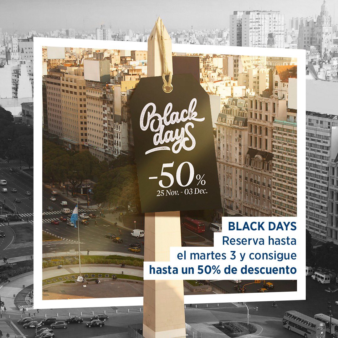 ¡Llegaron los #BlackDays! Reservá tu próxima escapada y aprovechá hasta un 50% off en hoteles de Argentina. 
Tenés tiempo hasta el martes 3 de diciembre para estadías entre el 2 de febrero al 31 de marzo. 
Más información - 
nh-hotels.com.ar/ofertas/black-…