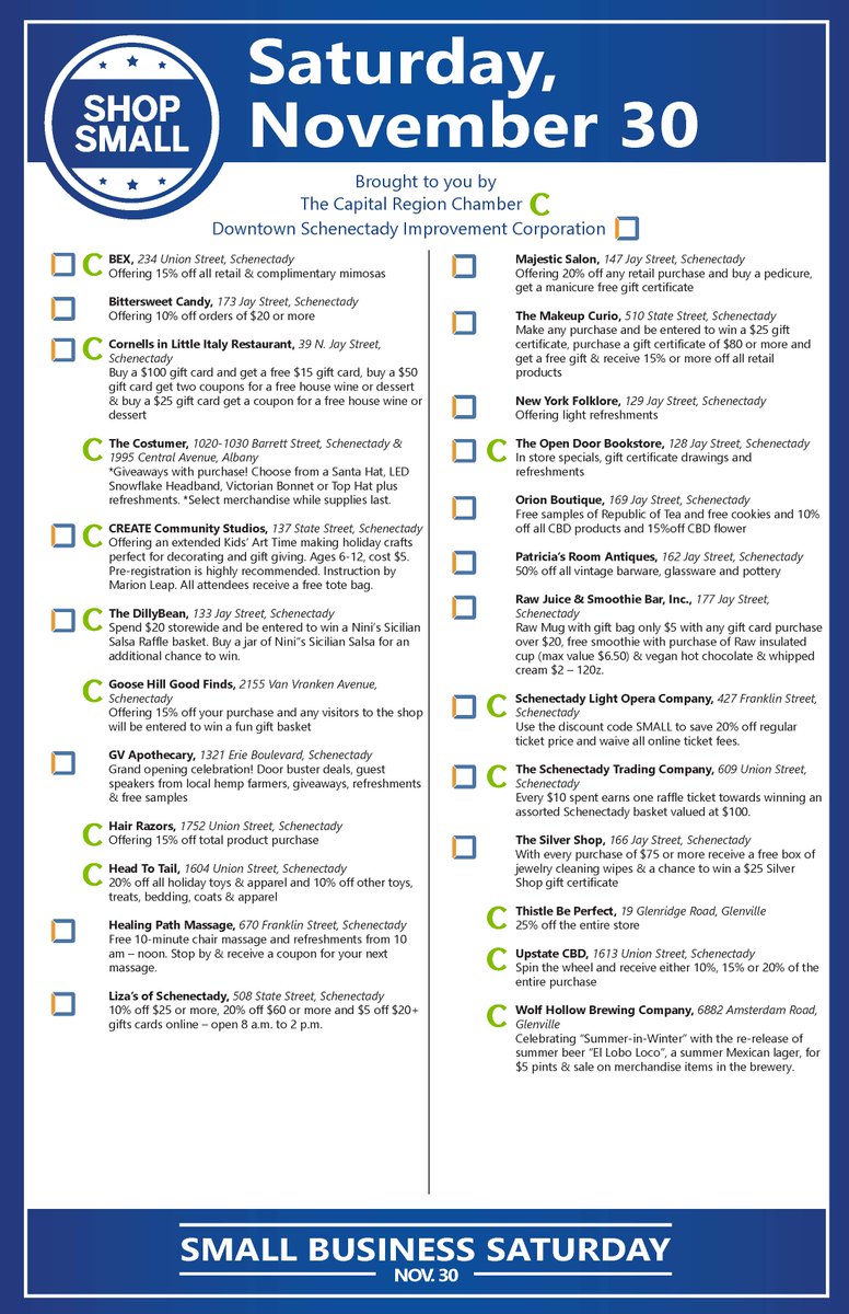 capregchamber's tweet photo. Saturday, Nov. 30 is #SmallBusinessSaturday. Check out some of the great specials being offered in #Schenectady! #shopsmall  #supportlocalbusiness https://t.co/UsHUMmtIJc
