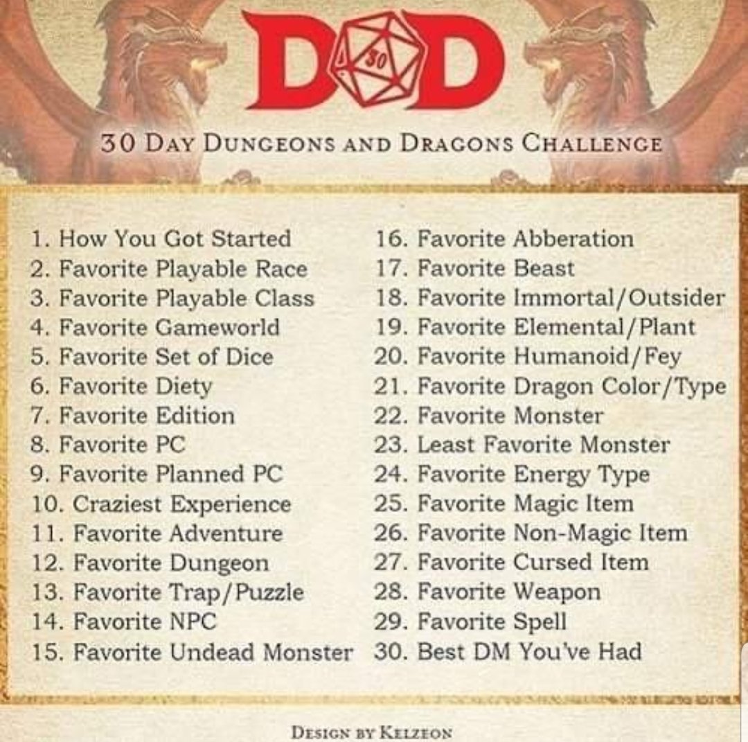 BalrogBrush's tweet photo. #30DaysofDnDChallenge

Tag 1 person (@capefoxalix you're it) and answer the questions on the list! Here goes... https://t.co/Mjq9vIVVZu