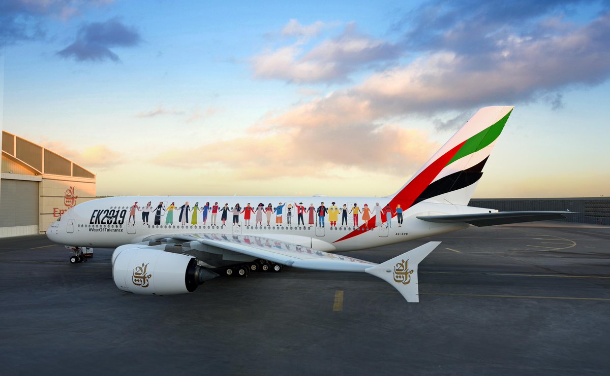 Emirates is proud to bring the world together. Presenting our ‘Year of Tolerance’ @Airbus A380 that will operate ‘EK2019’, a historic one-off UAE National Day flight on 29 November 2019. #EK2019 #YearOfTolerance #FlyEmiratesFlyBetter