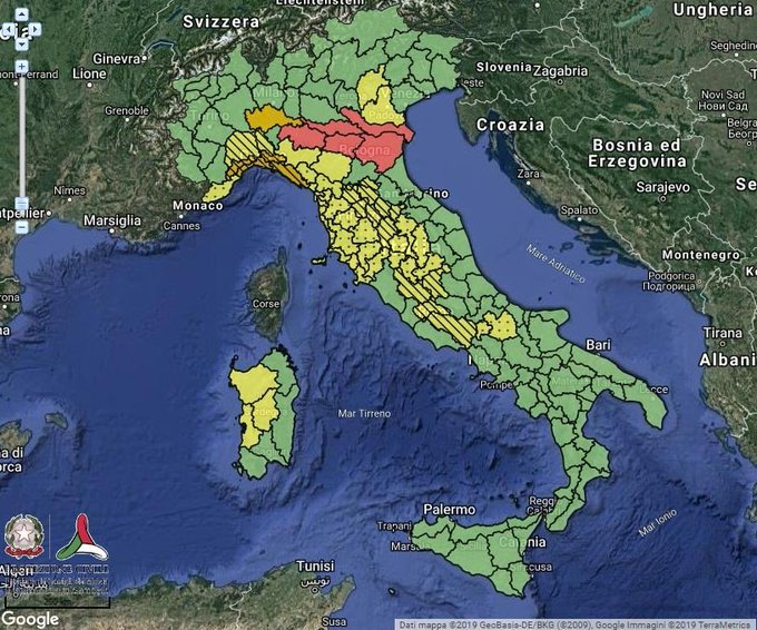 mappa bollettino previsionale del 27 novembre: allerta ROSSA in Emilia-Romagna, Lombardia e Veneto. Allerta ARANCIONE in Lombardia e Liguria. Allerta GIALLA su ampi settori del Paese  