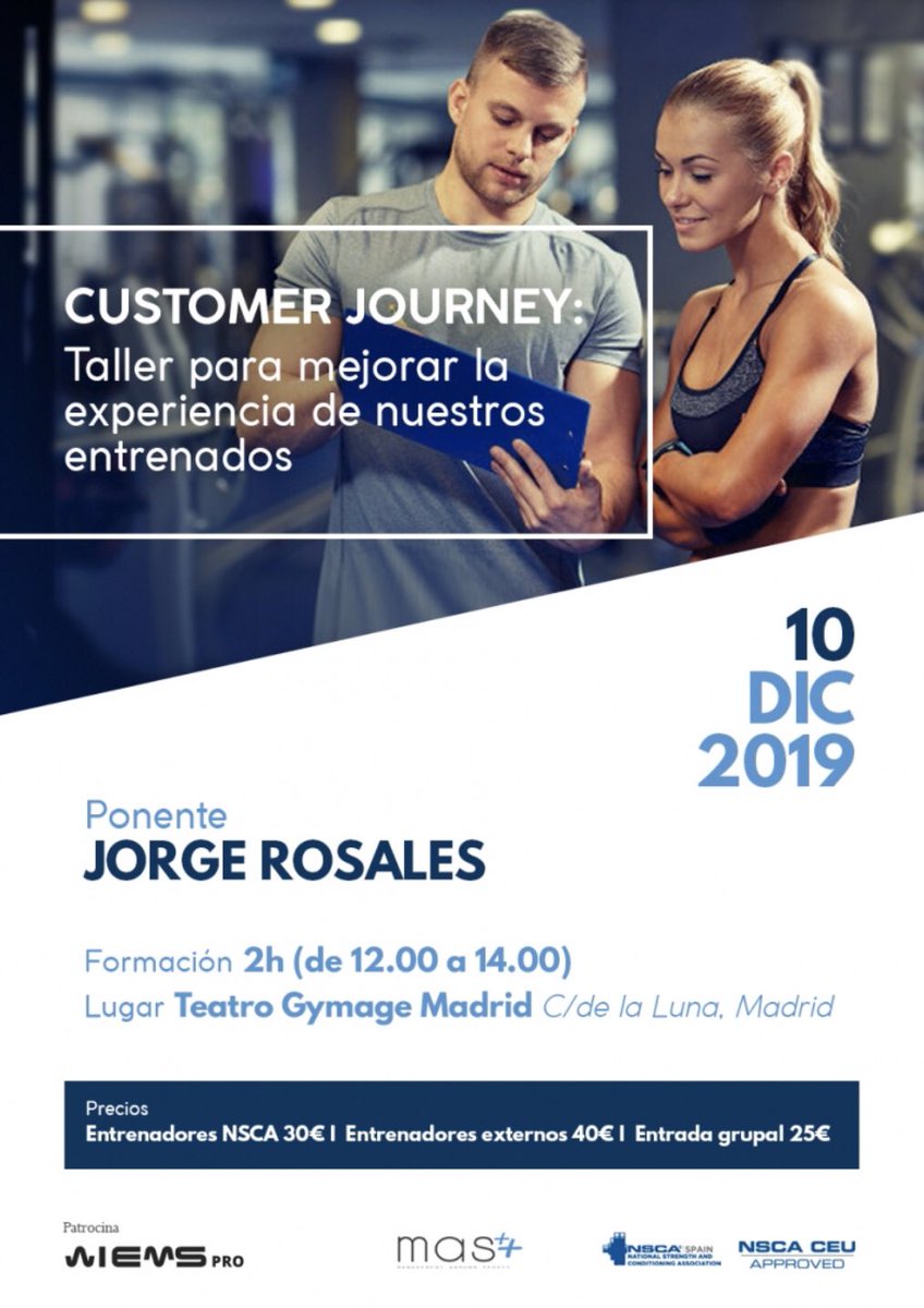 📍MADRID // Taller con <a href="/JorgeRosfi/">Jorge Rosales</a> para Entrenadores Personales sobre mejora de la experiencia de vuestros clientes nscaspain.com/curso?cur=236 [Org: @NSCASpain @_MASports Patrocina: <a href="/wiemspro/">Wiemspro</a>]